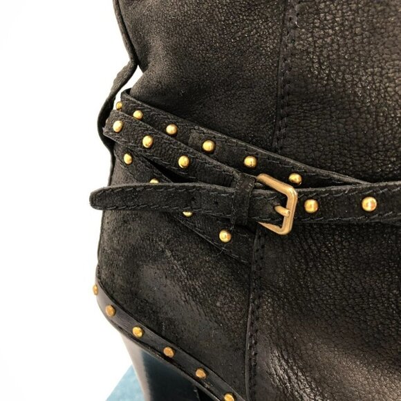 Miu Miu Black Leather Heeled Booties w Gold Studs and Studded Belt Detail size 8 - Picture 9 of 12